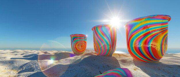 Des tasses qui changent de motif, de l'été, des couleurs vives tourbillonnant, placées sur une plage de sable, un ciel clair, un rendu 3D, des rétro-éclairs, une aberration chromatique, une vue panoramique.