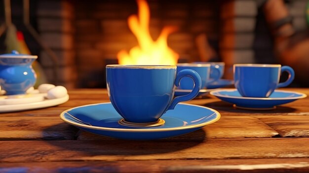 Photo des tasses et des soucoupes de poterie bleues