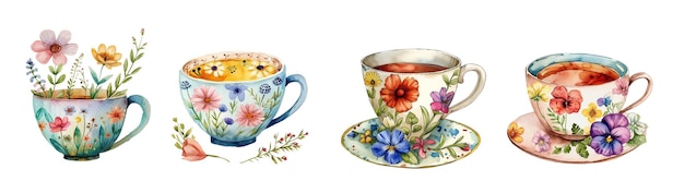 Des tasses de thé à l'aquarelle colorées isolées sur blanc