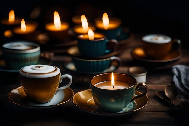 Photo des tasses de thé avec une bougie au milieu.