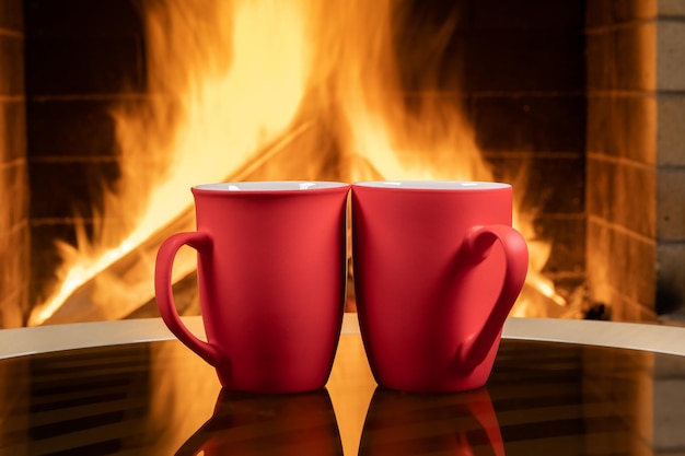 Photo tasses de thé ou de café devant une cheminée confortable dans une maison de campagne