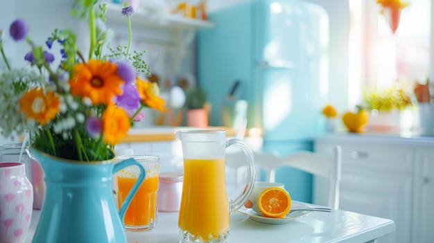 Des tasses de thé multicolores, du jus d'orange, des ustensiles et un réfrigérateur sur des meubles blancs, des fleurs dans des pots sur des étagères, un mur lumineux à la lumière du jour, une vue panoramique sur la cuisine.