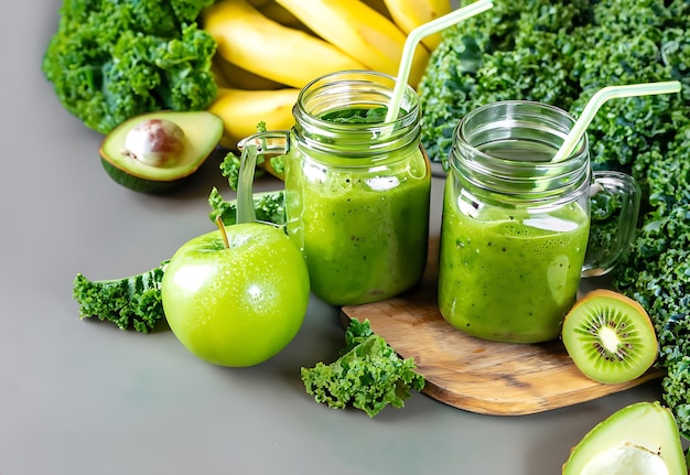 Des tasses en verre avec du smoothie vert pour la santé, des feuilles de chou, du citron, de la pomme, du kiwi, des raisins, de l'avocat, de la banane.