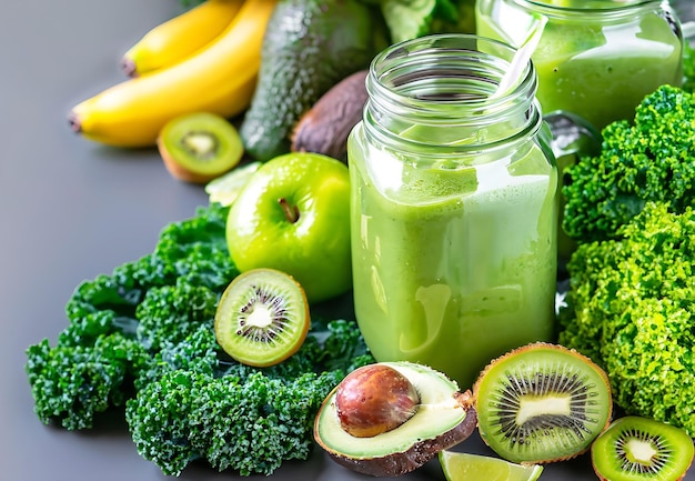 Des tasses en verre avec du smoothie vert pour la santé, des feuilles de chou, du citron, de la pomme, du kiwi, des raisins, de l'avocat, de la banane.