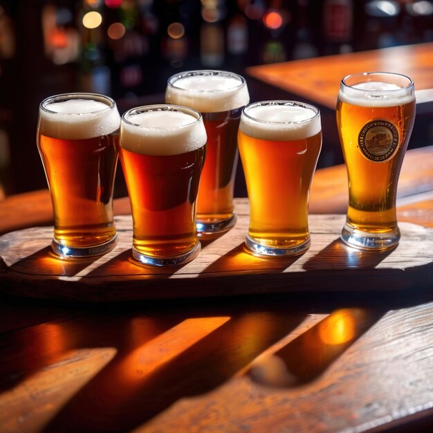 Photo des tasses et des verres de bière assortis sur une table en bois dans un pub et un bar