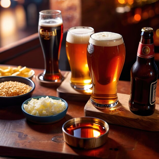 Photo des tasses et des verres de bière assortis sur une table en bois dans un pub et un bar