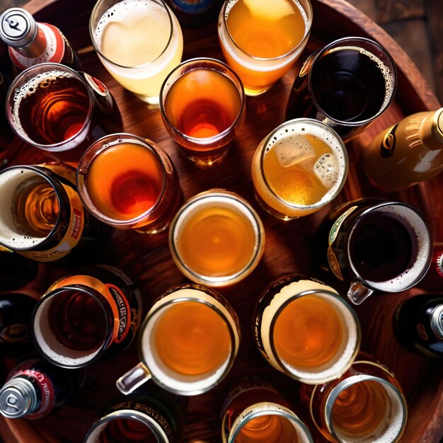 Photo des tasses et des verres de bière assortis sur une table en bois dans un pub et un bar