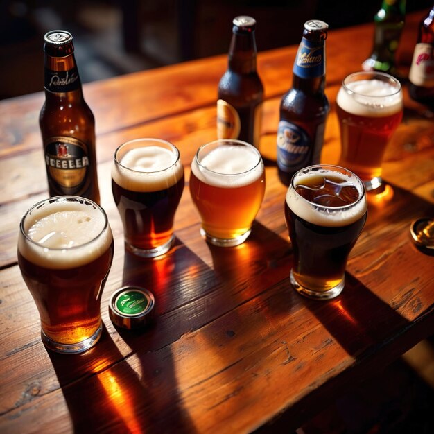 Photo des tasses et des verres de bière assortis sur une table en bois dans un pub et un bar