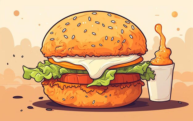 Photo tasty temptation des dessins animés dessinés à la main delicious chicken burger illustration