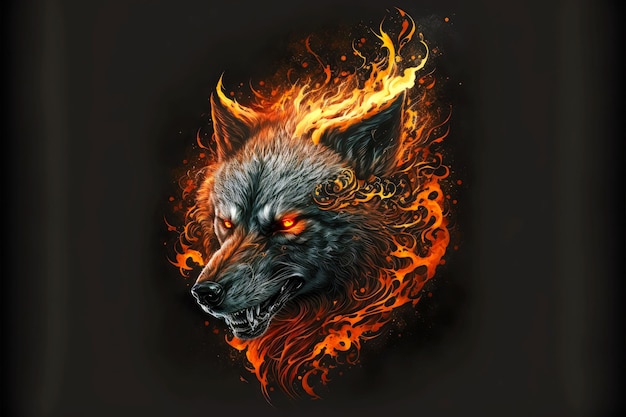Tatouage animal diabolique tête de loup brûlant sur fond noir