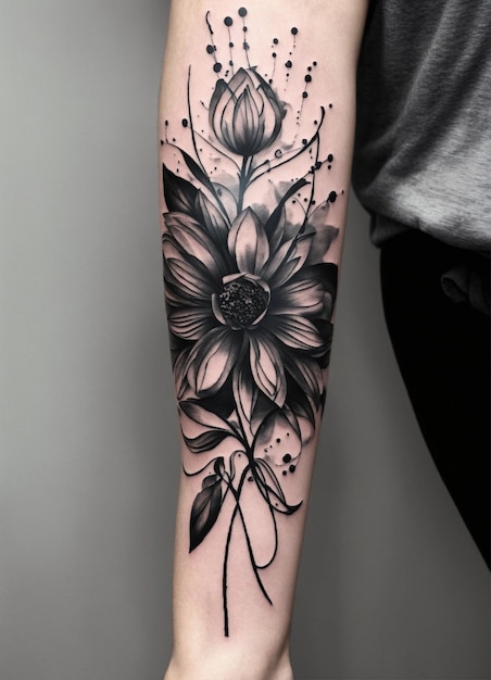 tatouage sur le bras de fleurs abstraites noir gris