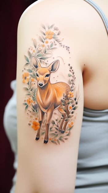 un tatouage d'un cerf dans un tatouage floral avec un cerf sur le dos