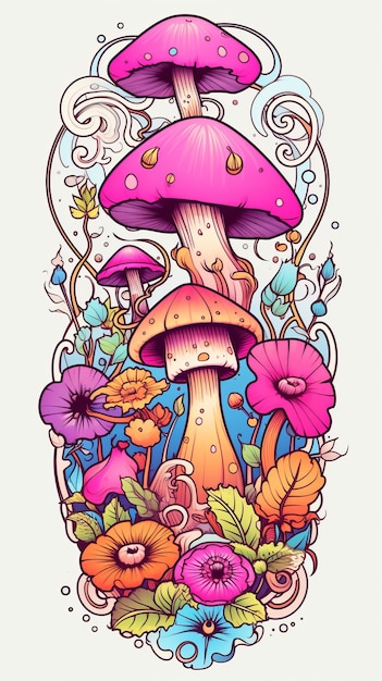 Un tatouage hippie coloré avec des champignons