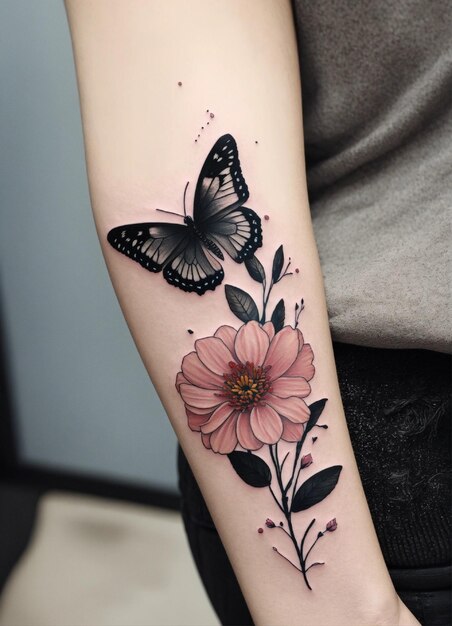 un tatouage d'un papillon et de fleurs sur le bras d'une femme