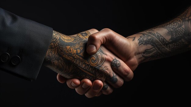 Tatouage Poignée de main entre deux hommes d'affaires signifie un accord réussi Fond noir IA générative