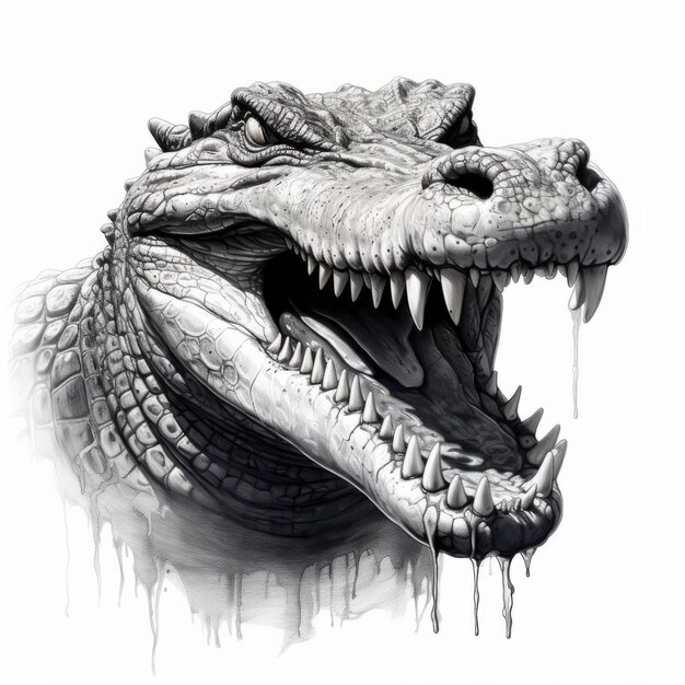 Un tatouage réaliste d'un portrait d'alligator en noir et blanc