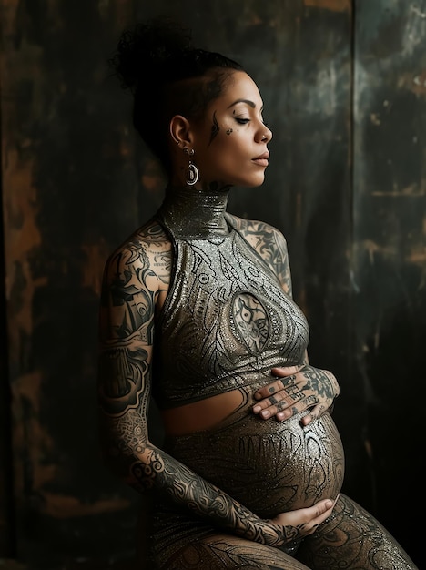 Tatouage sexy mère enceinte dans le style de la mode couverture de magazine de mode tout le corps encré