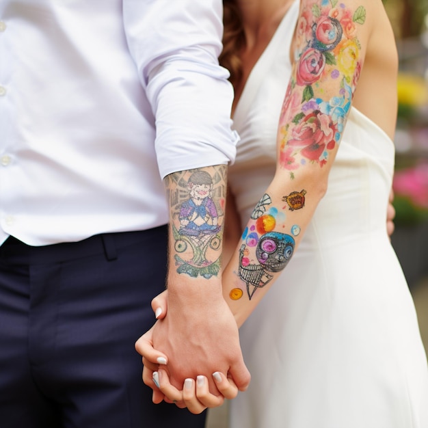 Photo des tatouages temporaires vibrants et ludiques lors d'une célébration de mariage