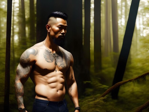 Tatouages torse nu musclés chauds dans l’illustration de la forêt