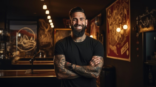 Un tatoueur masculin dans un salon de tatouage