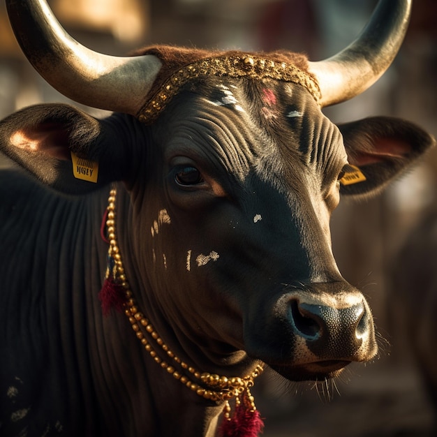 Un taureau avec une chaîne en or autour du cou porte un collier en or.