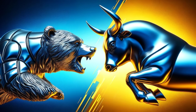 Le taureau contre l'ours symbolise les tendances du marché boursier, une bataille de marché féroce sur un fond bleu et jaune.
