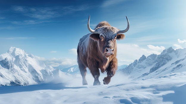 Un taureau avec des cornes courant sur un paysage enneigé d'hiver