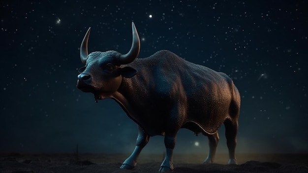 Un taureau avec des cornes est montré devant un arrière-plan noir ai générative