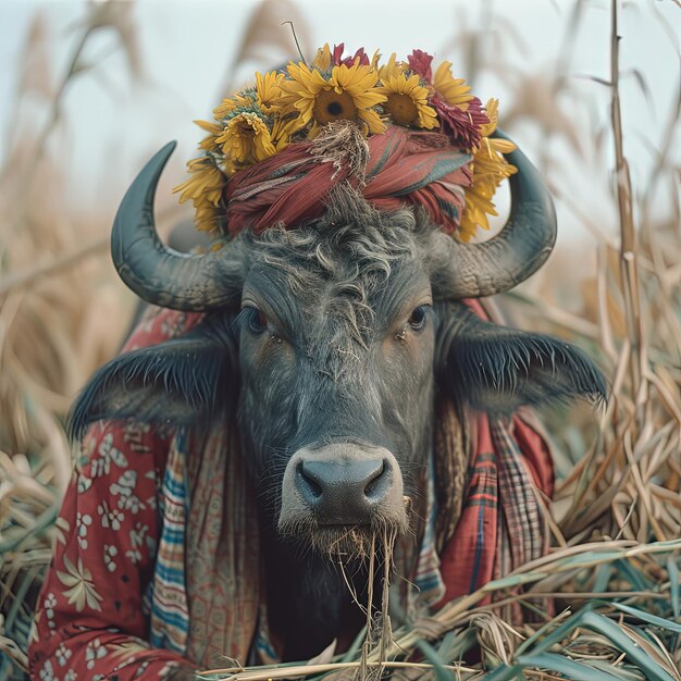 un taureau avec une couronne de fleurs sur la tête