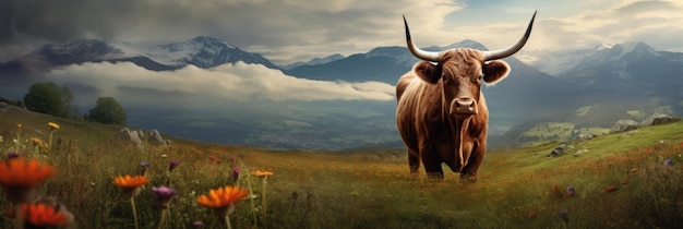 Un taureau dans le champ sur le fond des montagnes