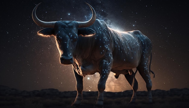 Un taureau avec des étoiles sur ses cornes se tient dans un champ.