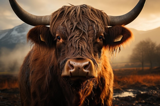 Taureau majestueux dans le paysage rural de Serena IA générative