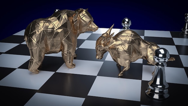 Le taureau et l'ours sur l'échiquier pour le rendu 3d du concept d'entreprise