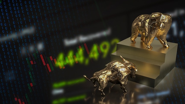 Le taureau et l'ours d'or dans les escaliers pour le rendu 3d du concept d'entreprise