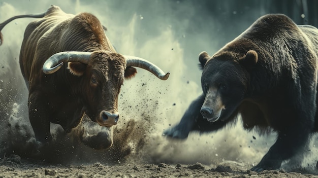 Un taureau et un ours se battent sur le marché boursier. Les tendances des prix sont à la hausse ou à la baisse.