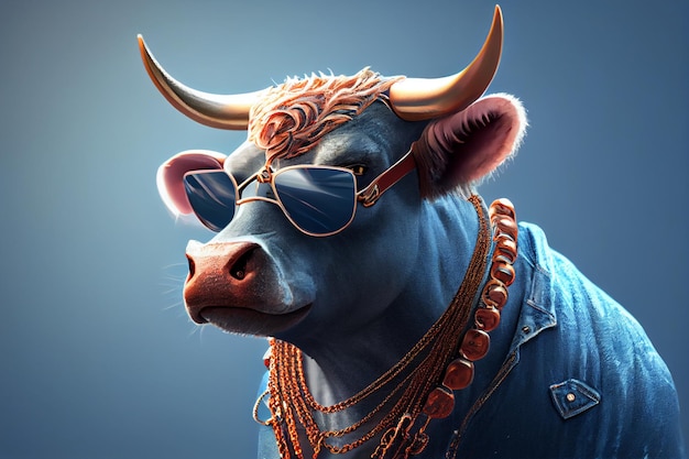 Un taureau portant des lunettes de soleil et une veste en jean avec le mot vache dessus.