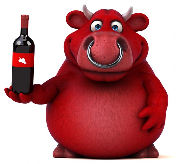 Taureau rouge 3d drôle tenant une bouteille de vin