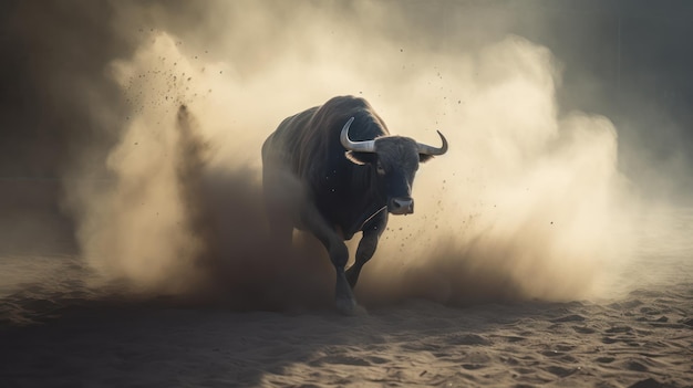 Un taureau traverse la poussière