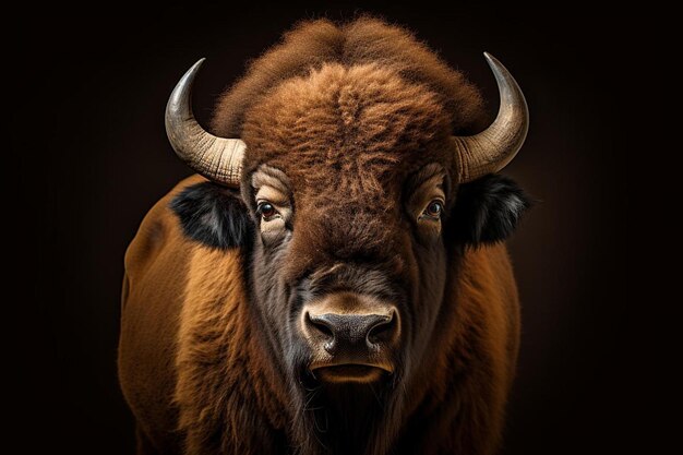 un taureau avec un visage brun et des cornes sur fond noir.