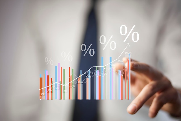 Les taux d'intérêt et les dividendes Les gens d'affaires calculent et les graphiques et les pourcentages d'investissement plus élevés