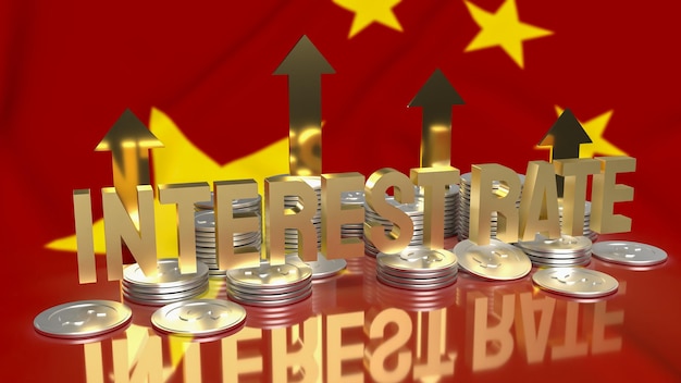 Le taux d'intérêt du texte d'or et les pièces sur le drapeau de la chine pour le rendu 3d du concept d'entreprise