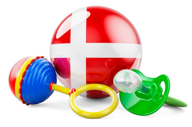 Taux de natalité et parentalité au Danemark concept Tétine et hochet pour bébé avec drapeau danois rendu 3D
