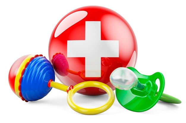 Taux de natalité et parentalité en Suisse Concept de sucette pour bébé et sonnette pour bébé avec un rendu 3D du drapeau suisse