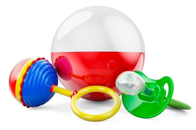 Taux de natalité et parenting en Pologne concept Bébé sucette et bébés sonnettes avec drapeau polonais rendu 3D