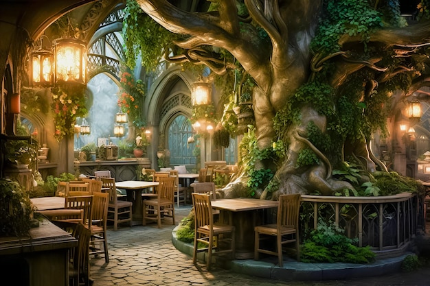 Taverne elfique fantastique avec un monde ambiant d'arbres