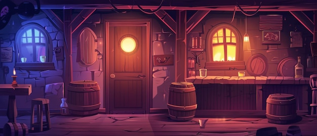 Taverne occidentale sombre la nuit Intérieur de saloon de cow-boy moderne de dessin animé au crépuscule avec la lumière d'une bougie sur le comptoir de bar en bois table d'entrée avec chaise barils et tasses avec bière