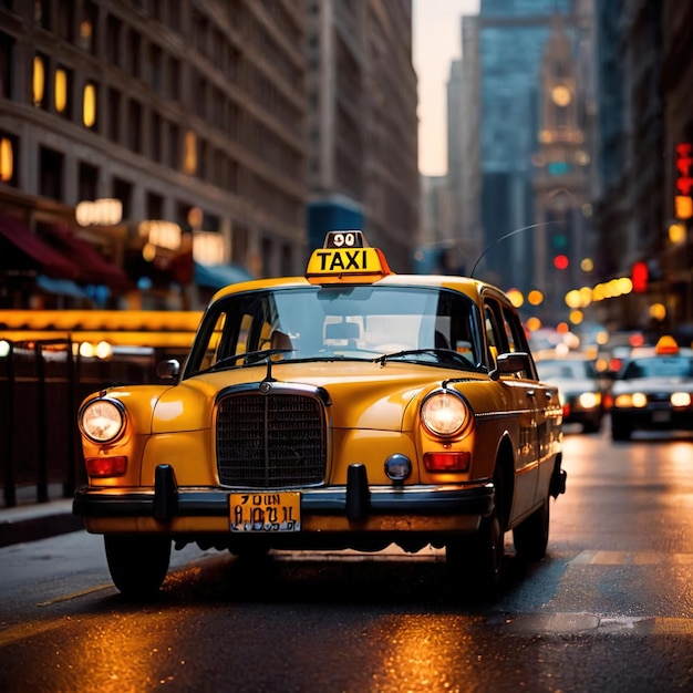 Photo un taxi américain rétro la nuit en ville.