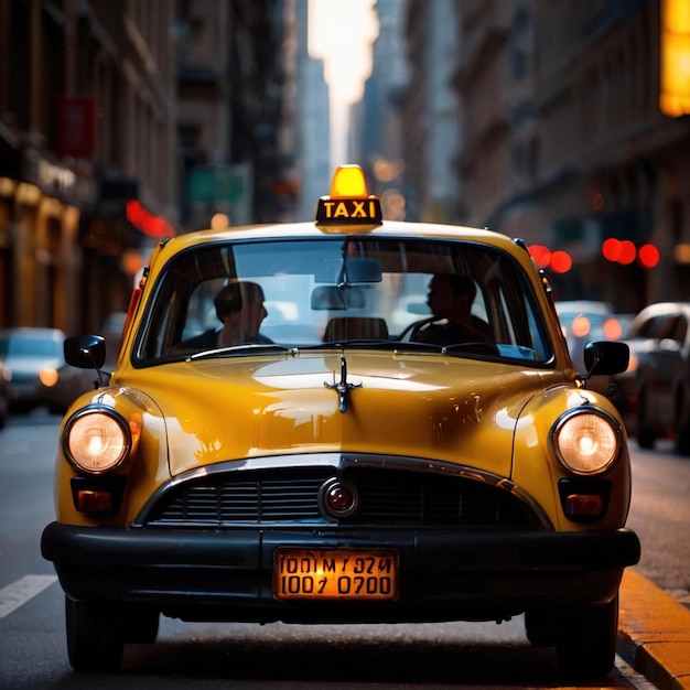 Photo un taxi américain rétro la nuit en ville.