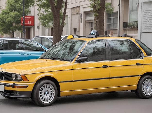 Un taxi de berline BMW est stationné sur le bord de la route.