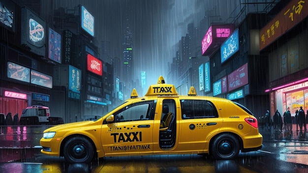 Taxi jaune dans un monde futur de ville futuriste